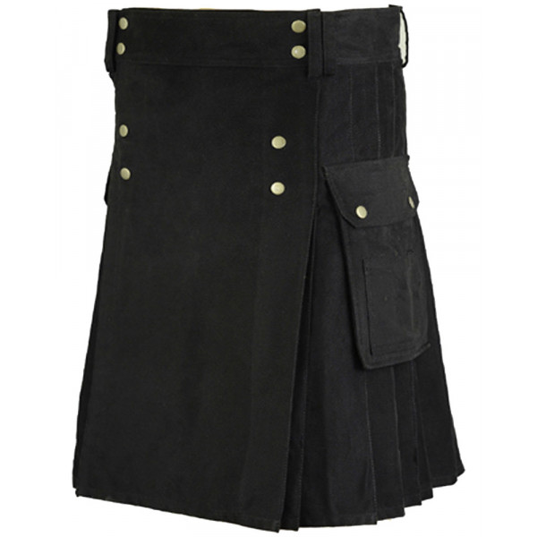 Black Cotton Utility Gothic Kilt with Front Button...