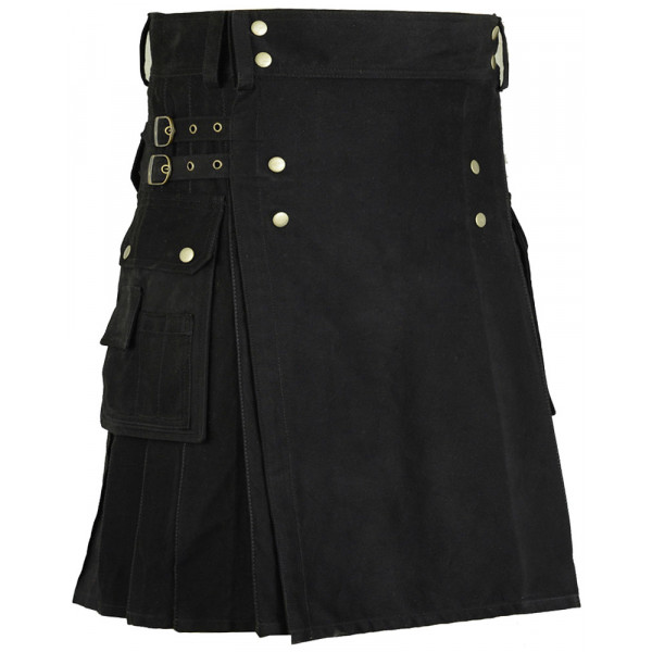 Black Cotton Utility Gothic Kilt with Front Buttons