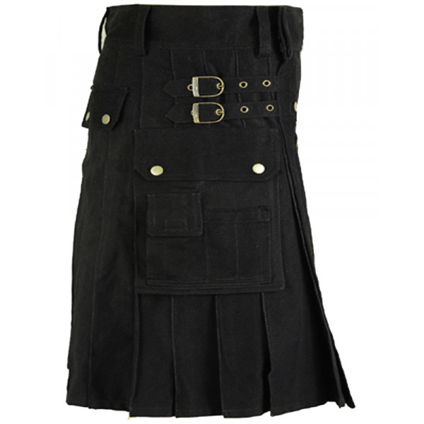 Black Cotton Utility Gothic Kilt with Front Buttons