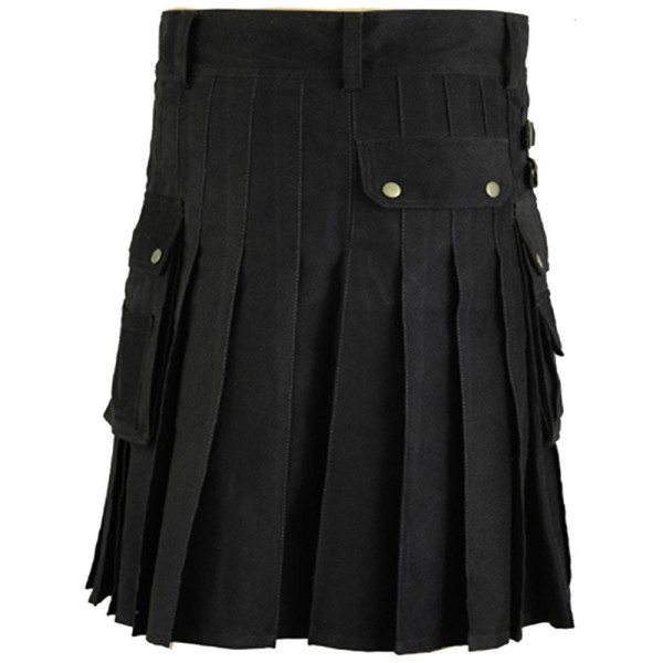 Black Cotton Utility Gothic Kilt with Front Buttons