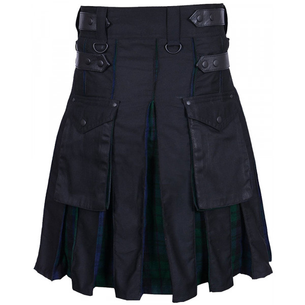 Active Men Black Cotton Inner Black Watch Hybrid Kilt 