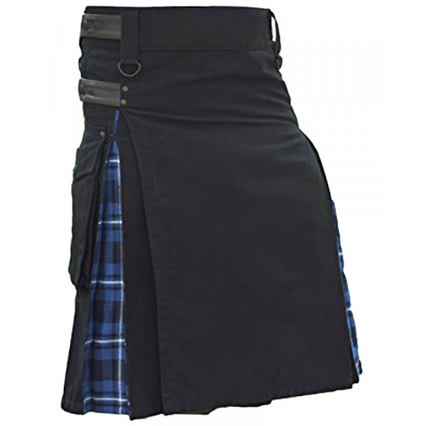 Men's Black Cotton Inner Blue Tartan Hybrid Kilt