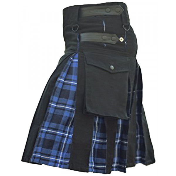 Men's Black Cotton Inner Blue Tartan Hybrid Kilt