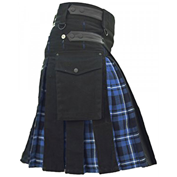 Men's Black Cotton Inner Blue Tartan Hybrid Kilt