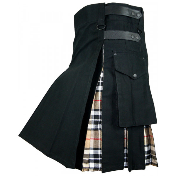 Men's Black Cotton Inner Camel Thompson Tartan Hybrid Kilt