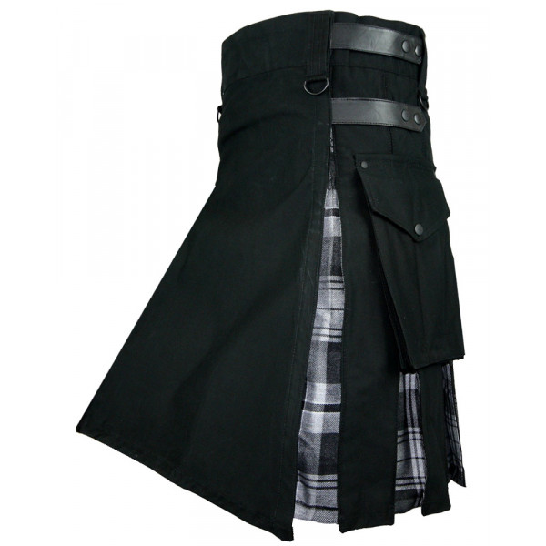 Men's Black Cotton Inner Gray Watch Tartan Hybrid Kilt