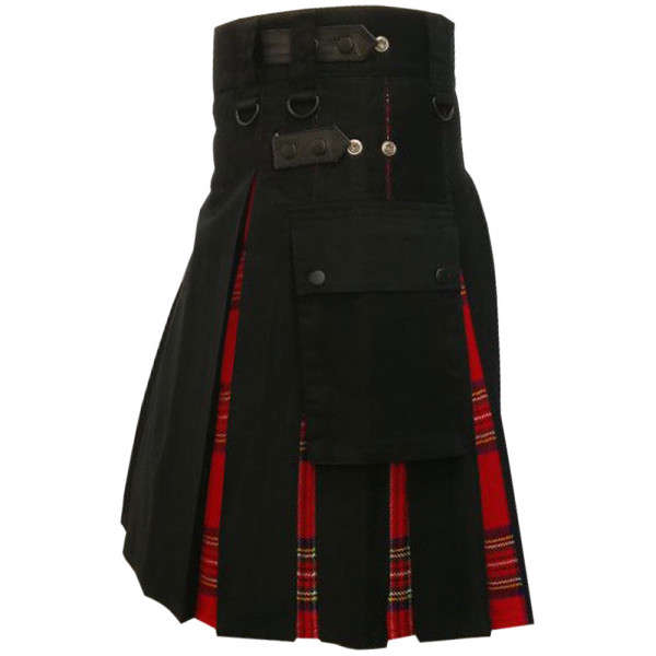 Men's Black Cotton Inner Royal Stewart Tartan Hybrid Kilt