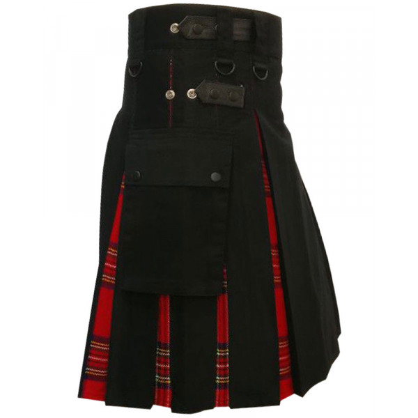 Men's Black Cotton Inner Royal Stewart Tartan Hybrid Kilt