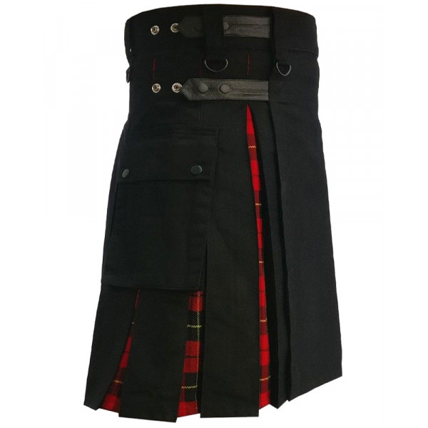 Men's Black Cotton Inner Wallace Tartan Hybrid Kilt