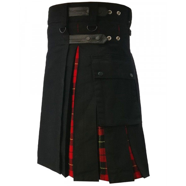 Men's Black Cotton Inner Wallace Tartan Hybrid Kilt