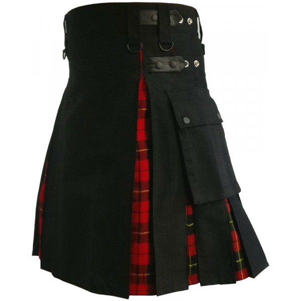 Men's Black Cotton Inner Wallace Tartan Hybrid Kilt