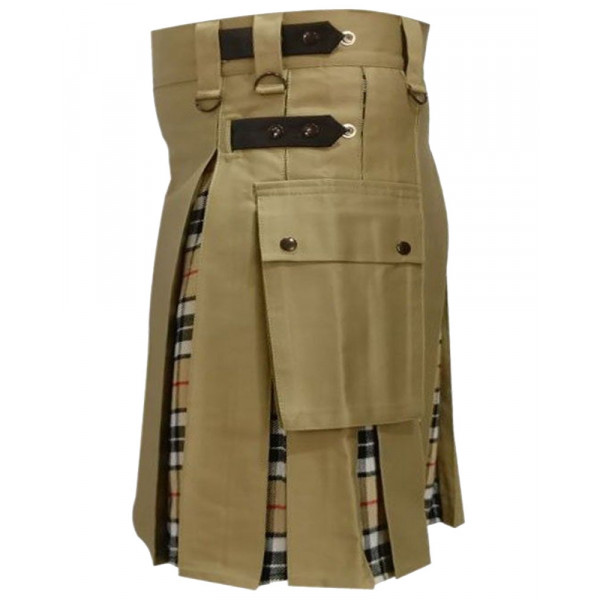 Men's Khaki Cotton Inner Camel Thompson Tartan Hybrid Kilt