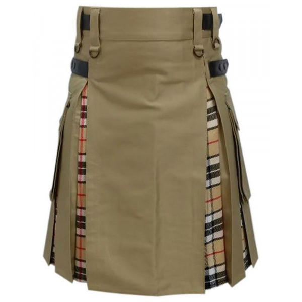 Men's Khaki Cotton Inner Camel Thompson Tartan Hybrid Kilt