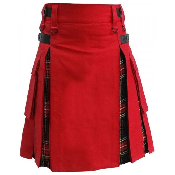 Men's Red Cotton Inner Black Stewart Tartan Hybrid Kilt