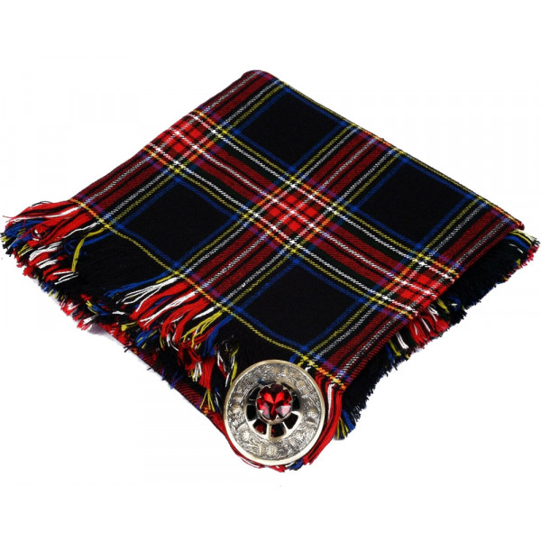 High Quality Scottish Kilt Fly Plaid Purled, Fringed Acrylic Wool in Black Stewart Tartan